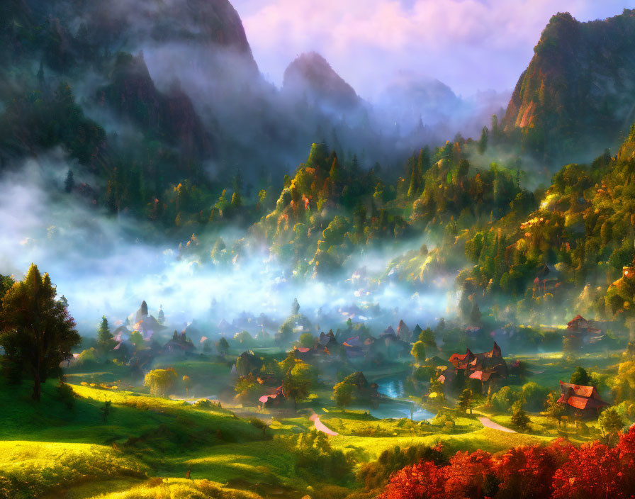 Foggy Valley with Sunlit Green Meadows and River