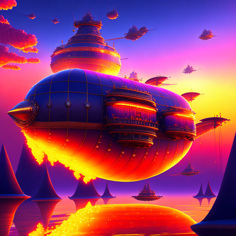 Colorful Digital Art: Futuristic Airships Over Orange Landscape