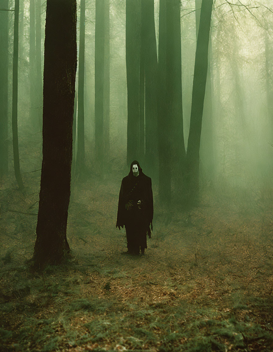 Mysterious figure in dark robe and mask in eerie forest