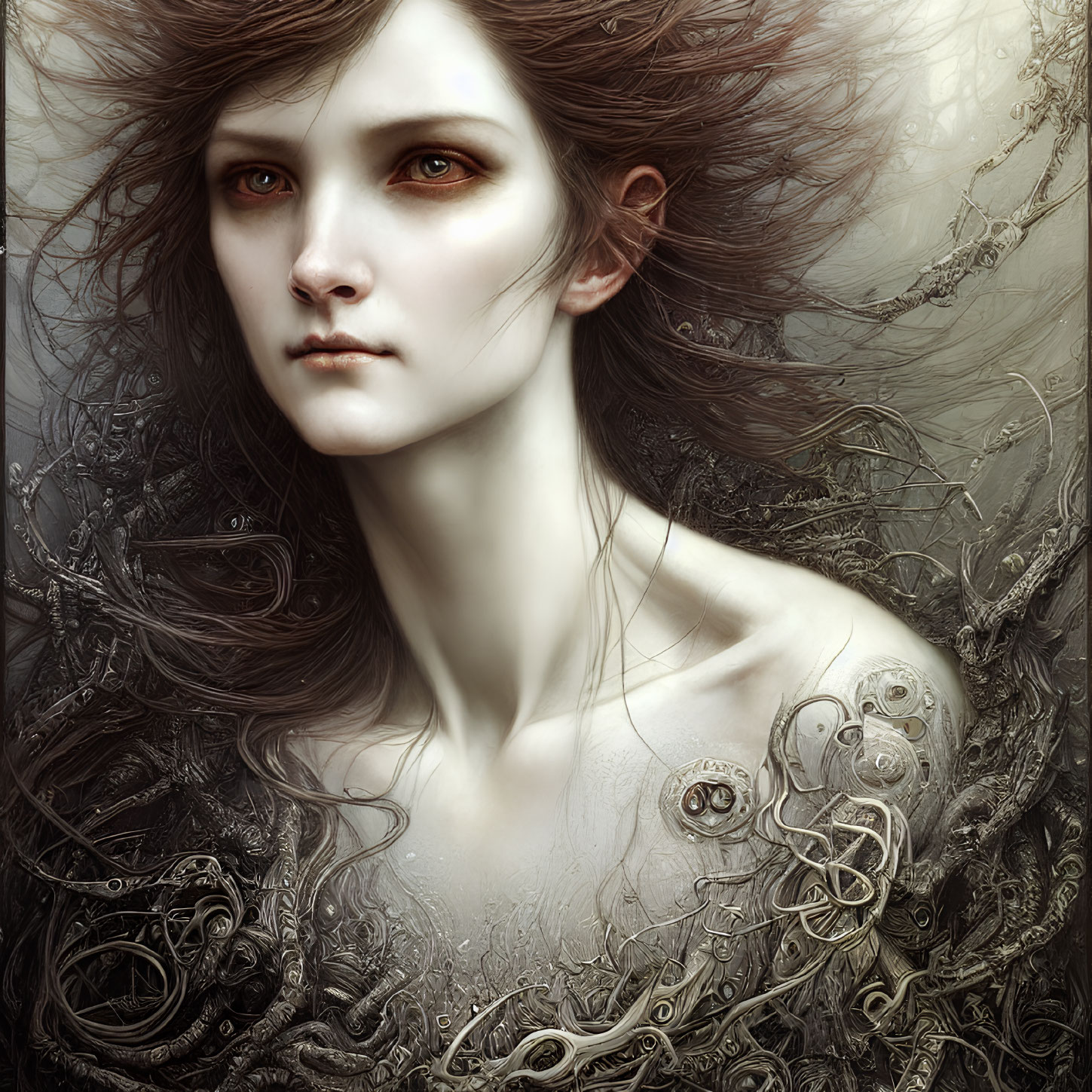 Intricate digital artwork of pale-skinned person with dark hair