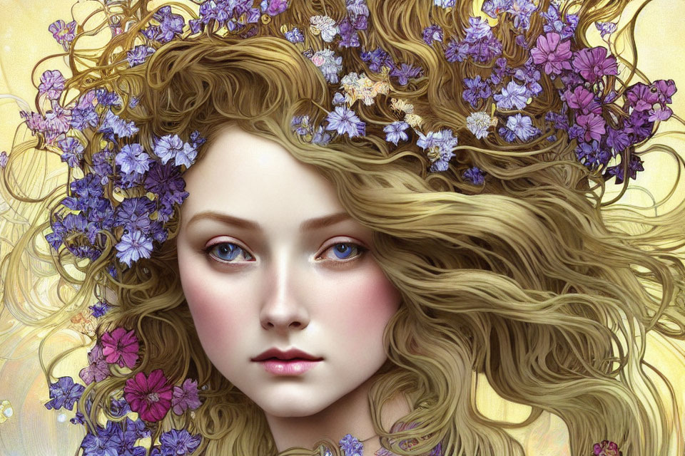 Blond-haired woman with purple flower adornments in ethereal digital portrait