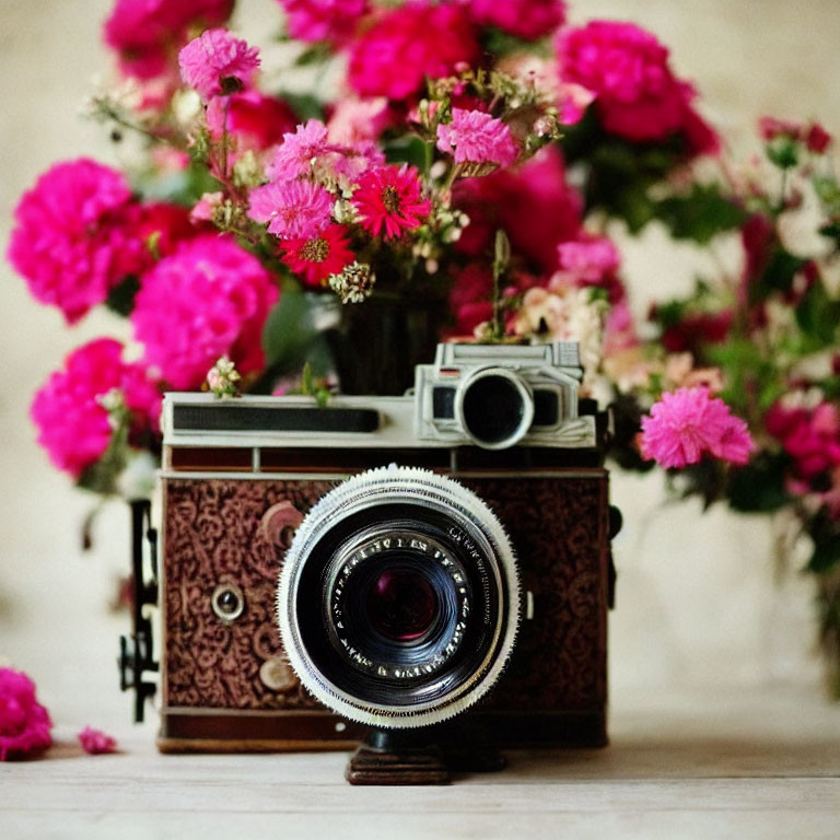 Vintage Camera with Floral Pattern Surrounded by Pink Flowers