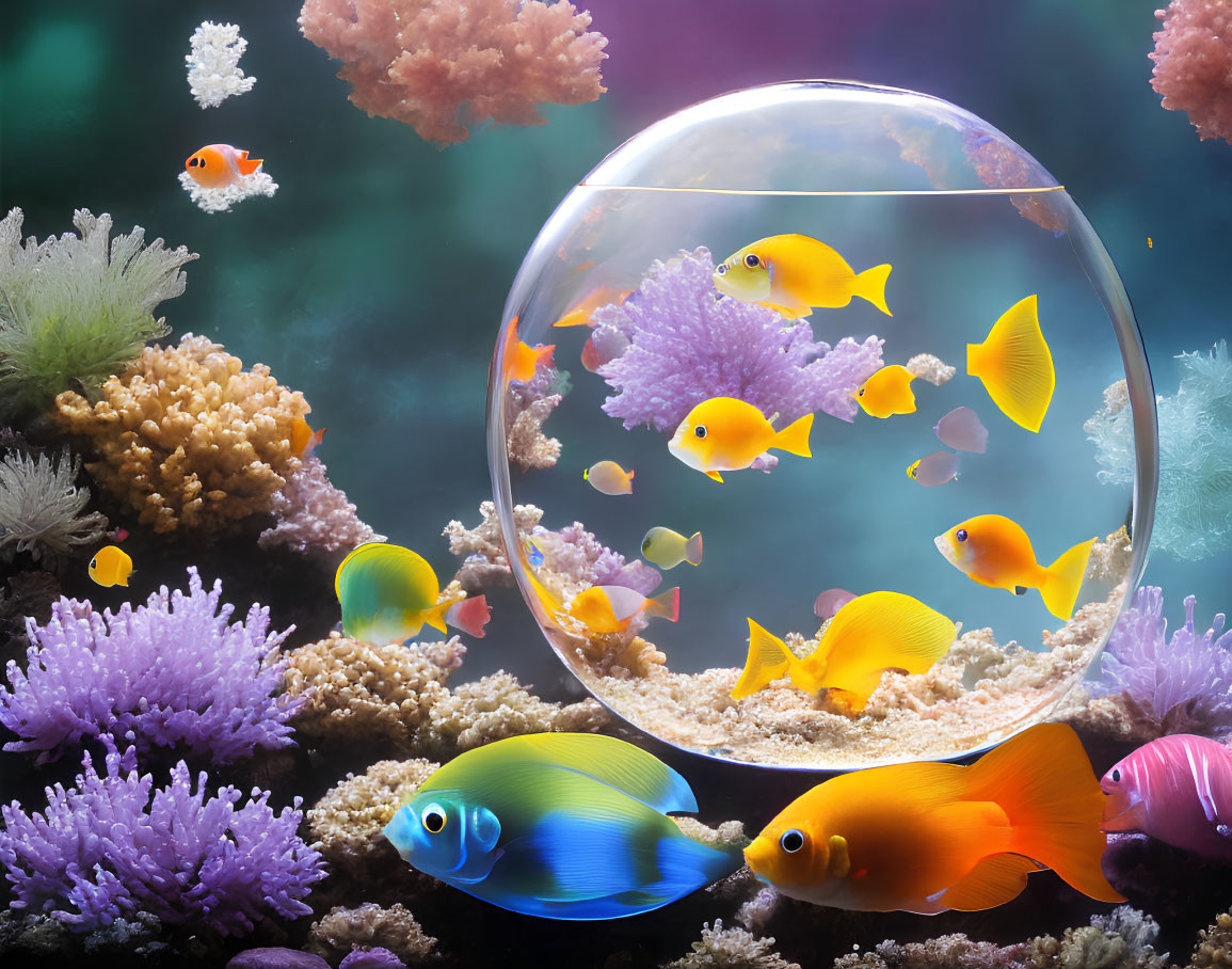 Colorful Tropical Fish in Transparent Bubble Amidst Coral Reefs