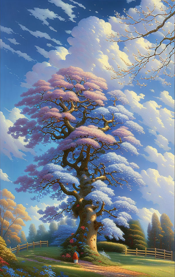 Majestic tree with pink and white blossoms under blue sky