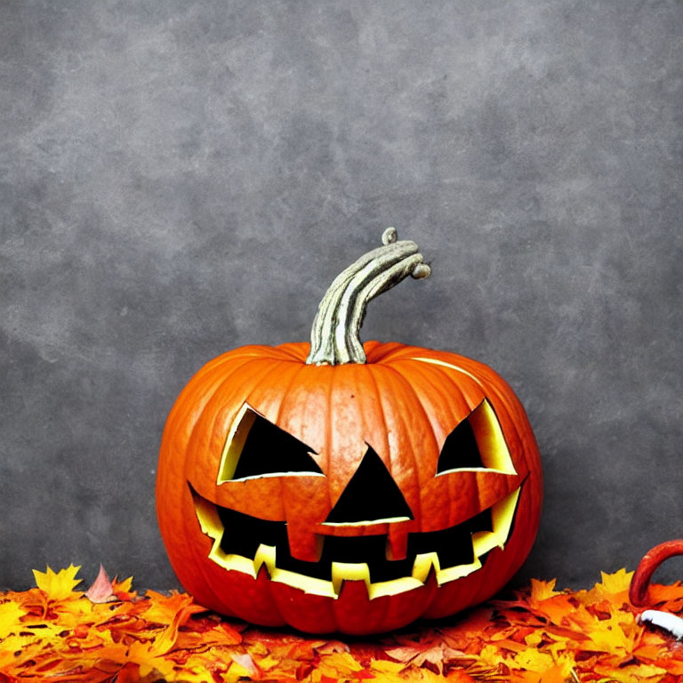 Menacing smile carved jack-o'-lantern surrounded by autumn leaves