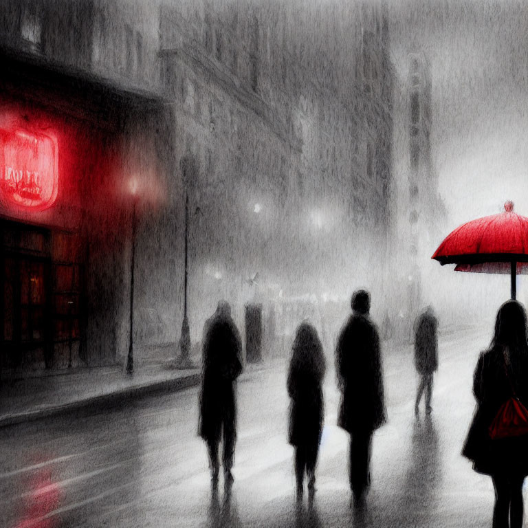 Group of People Walking in Snowy City with Red Umbrella