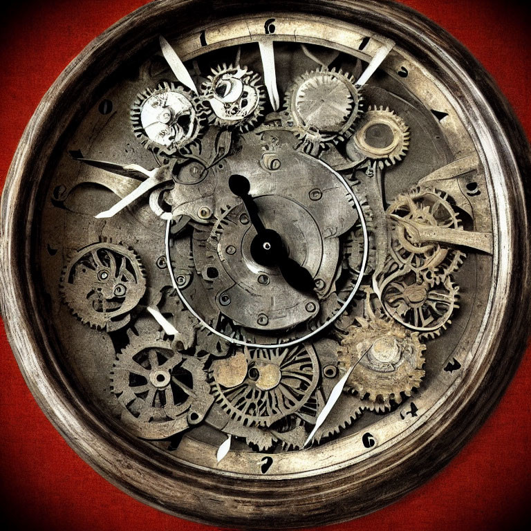 Intricate Vintage Clock with Exposed Gears on Red Background