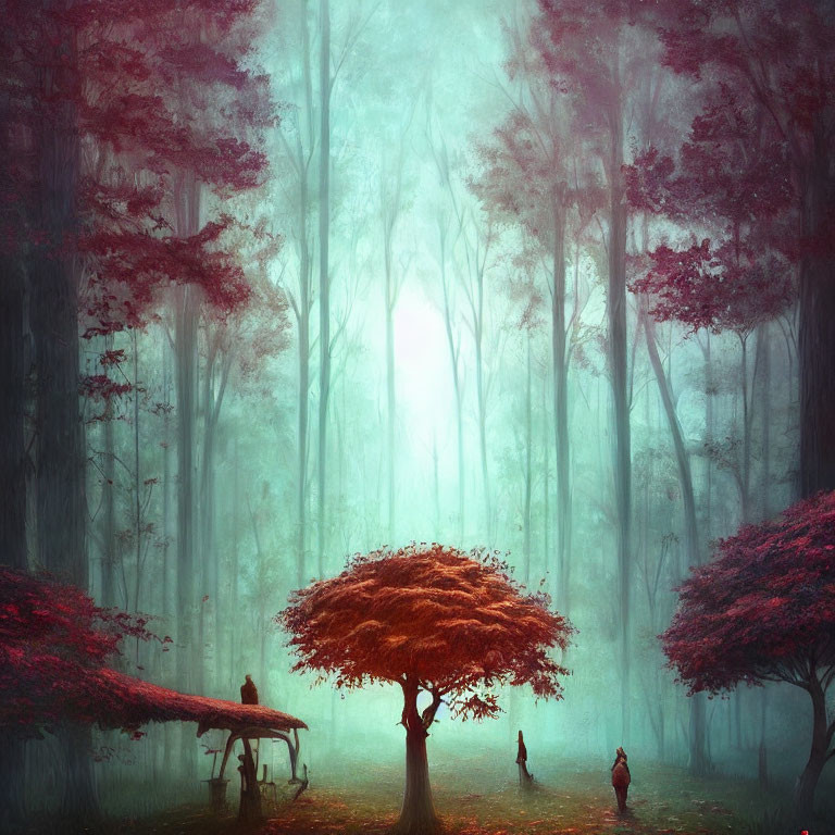 Enchanting red-leafed forest scene with figures and animals in mist