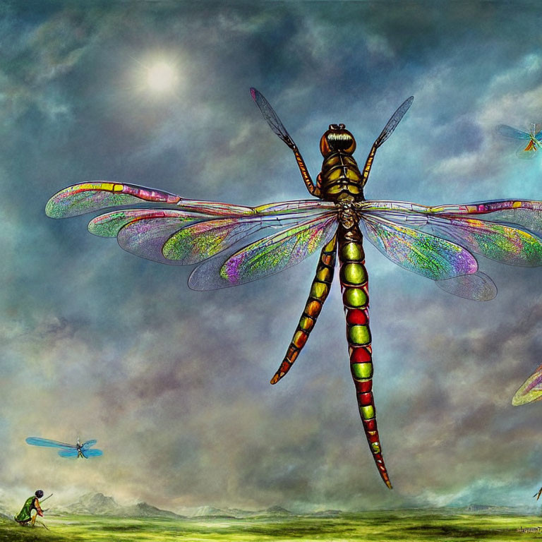 Colorful Dragonfly in Oversized Surreal Landscape with Humanoid Figure