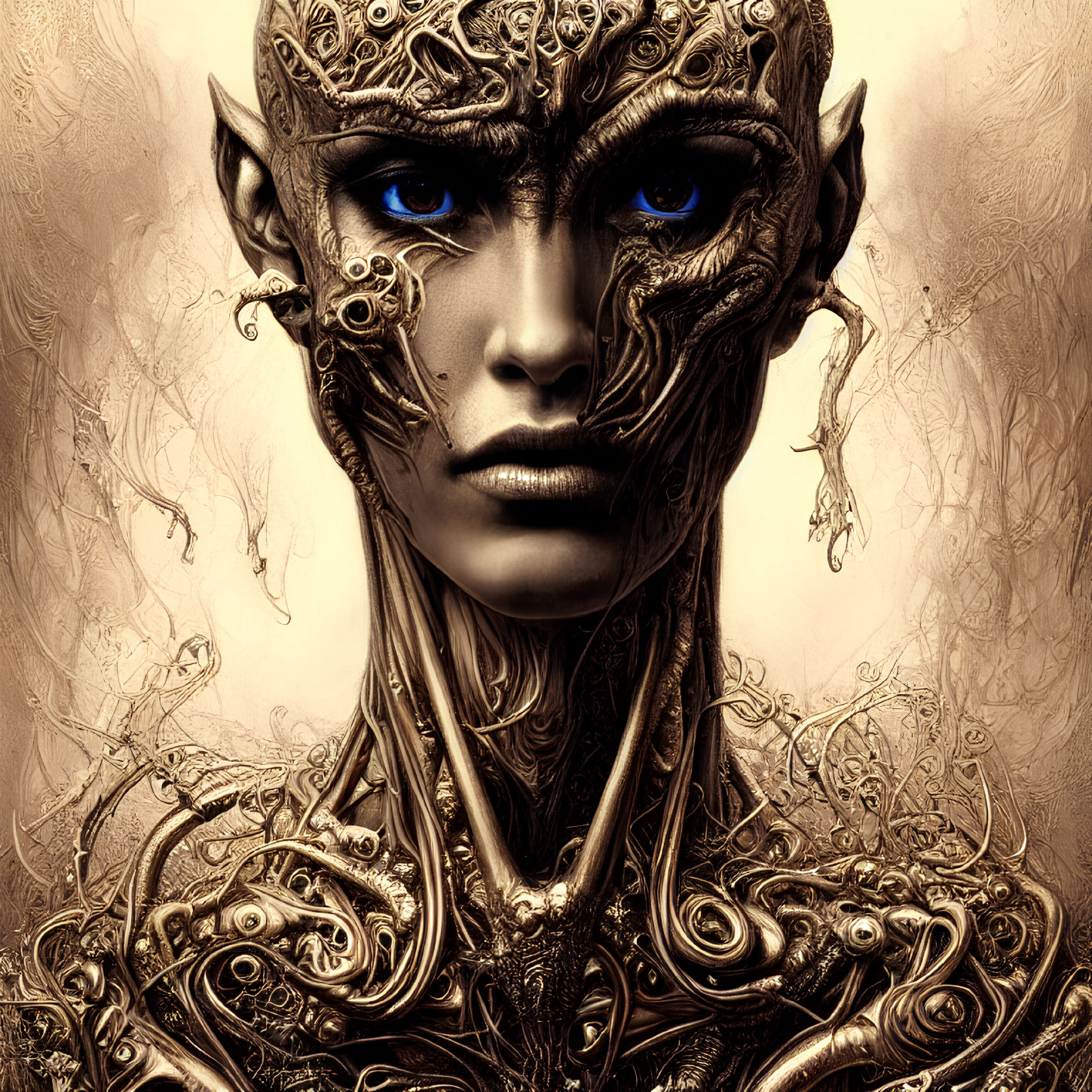 Metallic creature with intricate detailing and blue eyes, featuring humanoid and mechanical elements