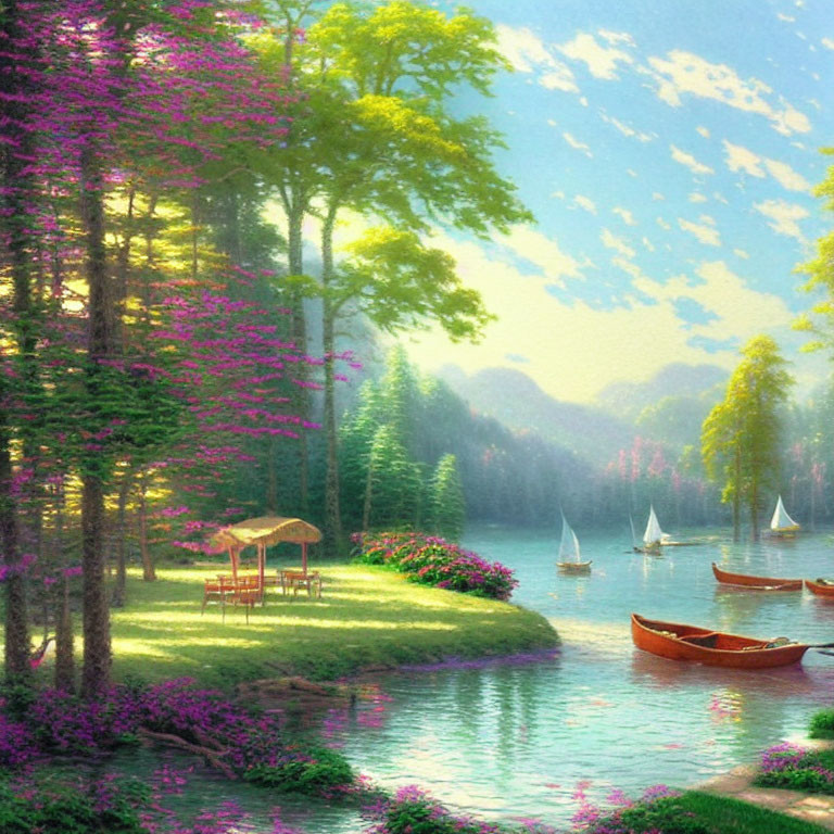 Tranquil lake landscape with boats, flowers, trees, and gazebo in sunlight