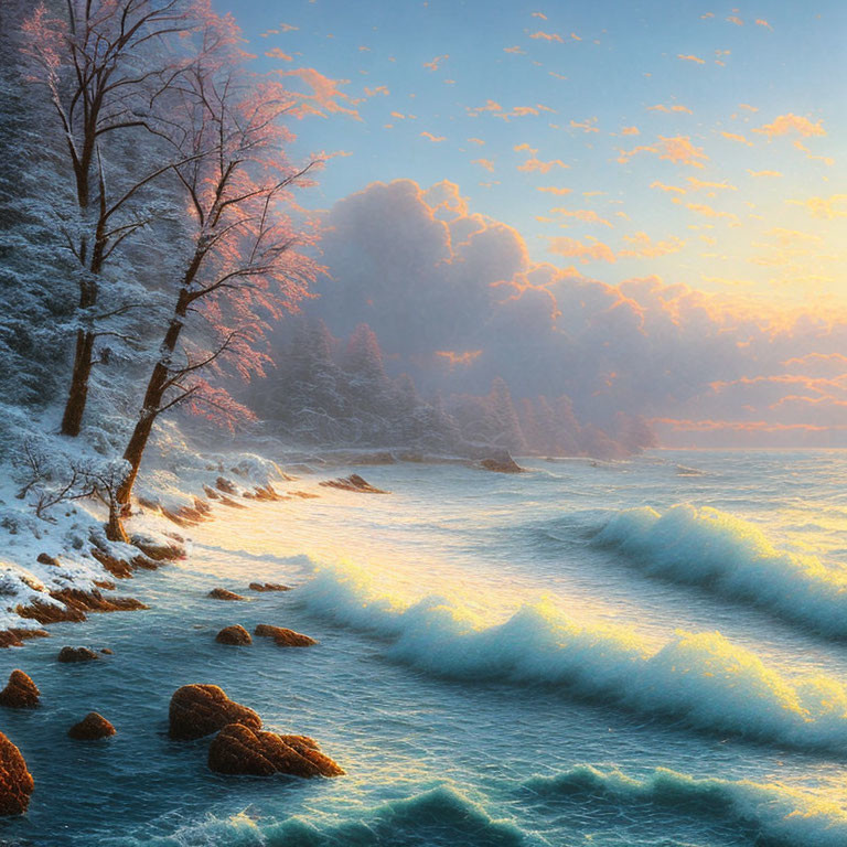 Tranquil snowy shoreline at sunrise with golden light and fluffy clouds