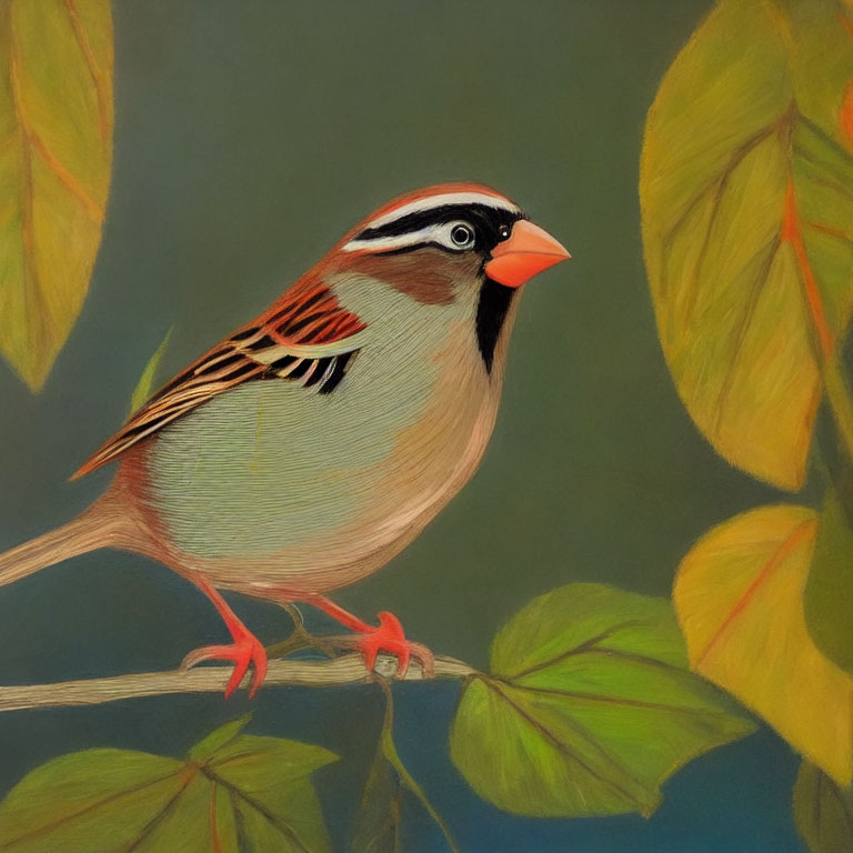 Colorful bird painting perched on branch with black and white head