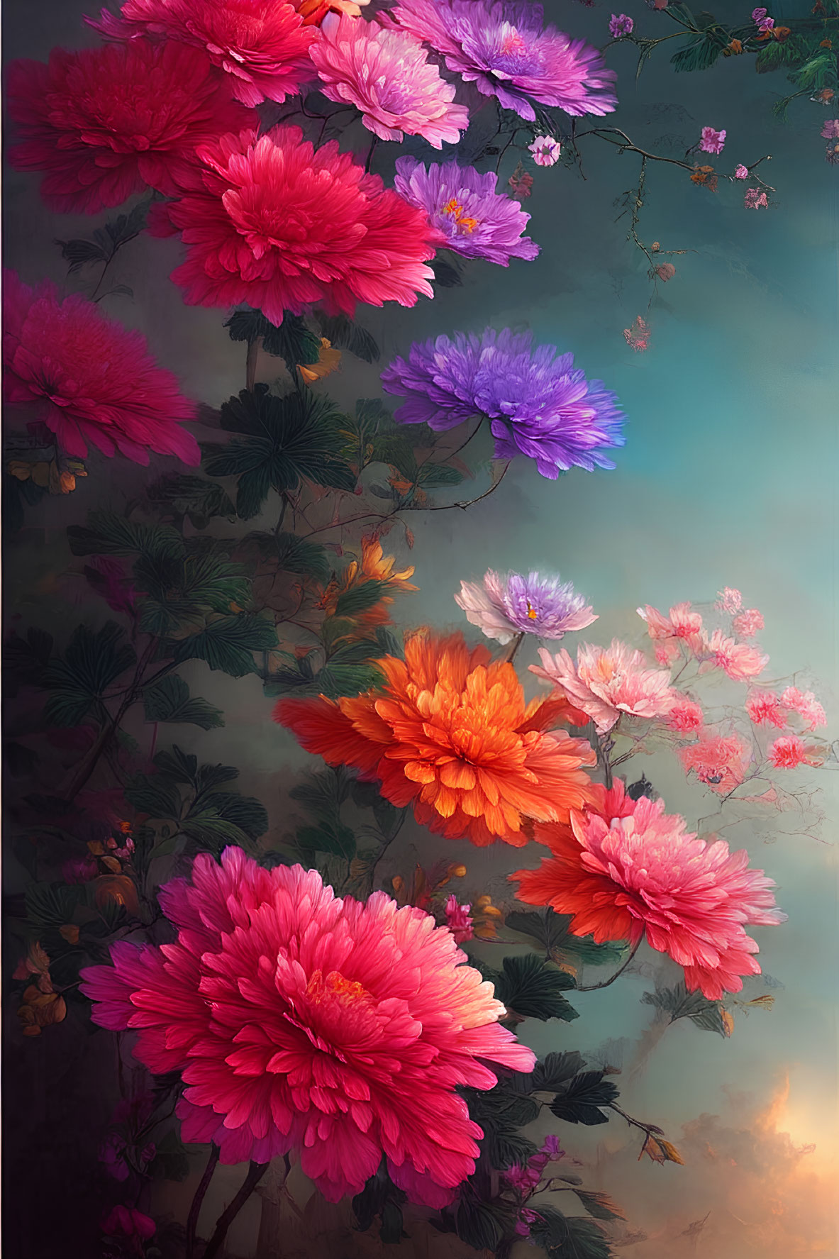 Colorful floral painting with red, pink, purple, and orange flowers on soft-focused background.