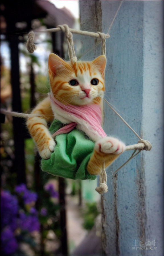 Miniature kitten toy in green outfit suspended by white strings against garden backdrop