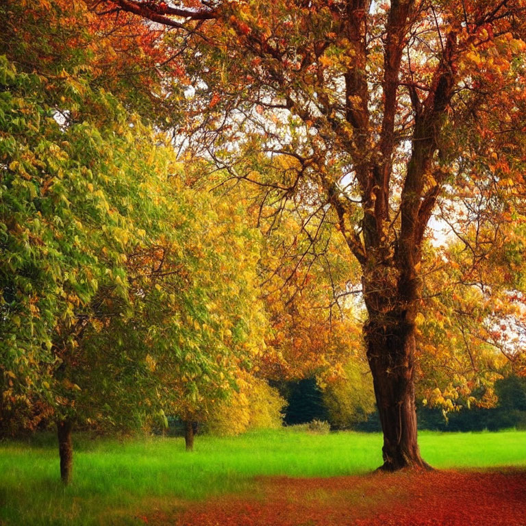 Vibrant autumn landscape with green, orange, and red leaves