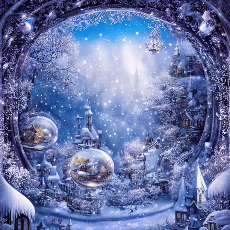 Snow-covered winter village scene with glowing snow globe and starry sky