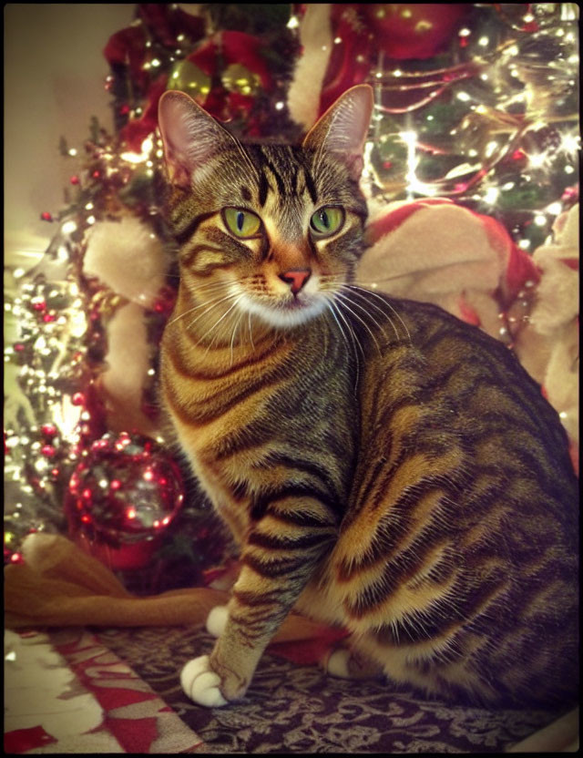 Tabby Cat with Green Eyes in Front of Christmas Tree