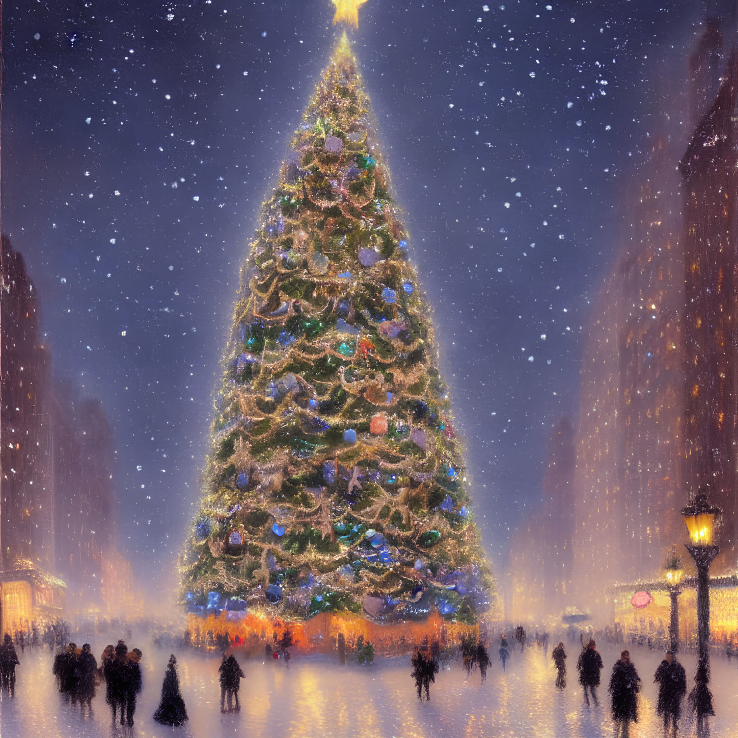 Festively decorated Christmas tree in snowy cityscape