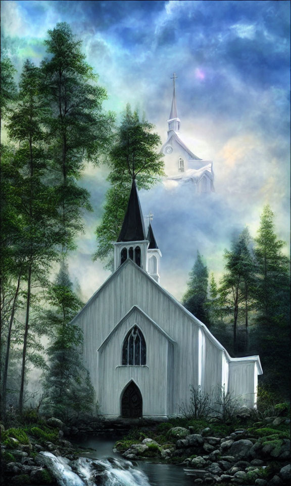 White church with steeple in misty forest with stream and ethereal light