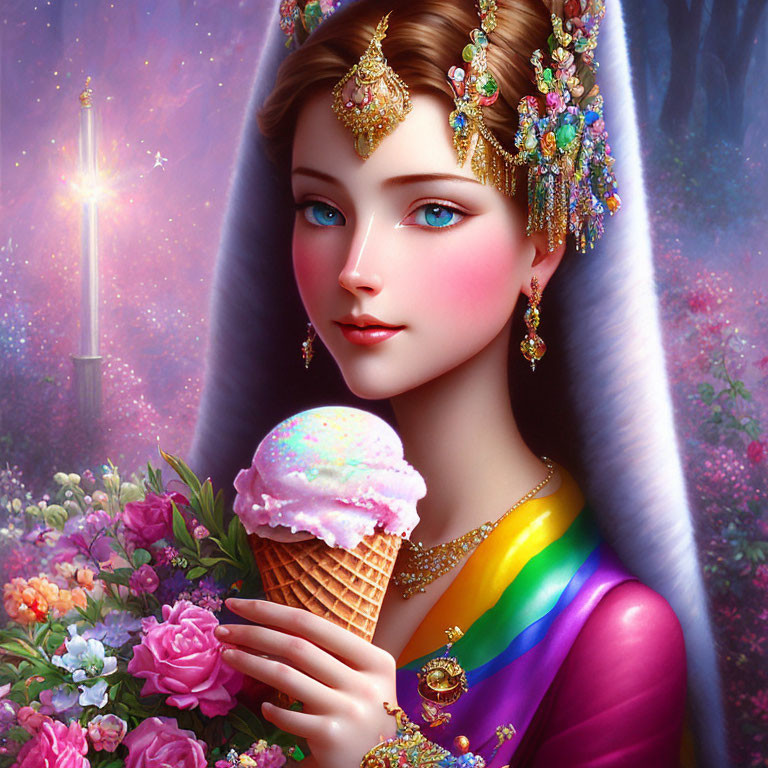 Illustrated woman in ornate jewelry and colorful dress with ice cream cone and glowing sword in vibrant floral