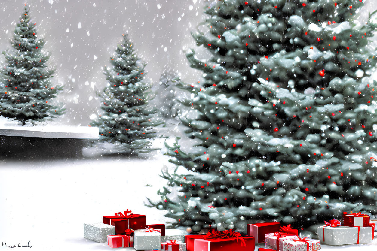 Snow-covered Christmas trees with red ornament decorations and wrapped gifts in snowy scene