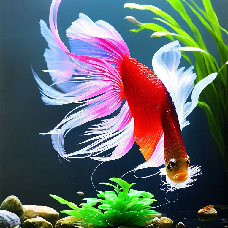 Vibrant red and white betta fish swimming in aquarium with pebbles and plants