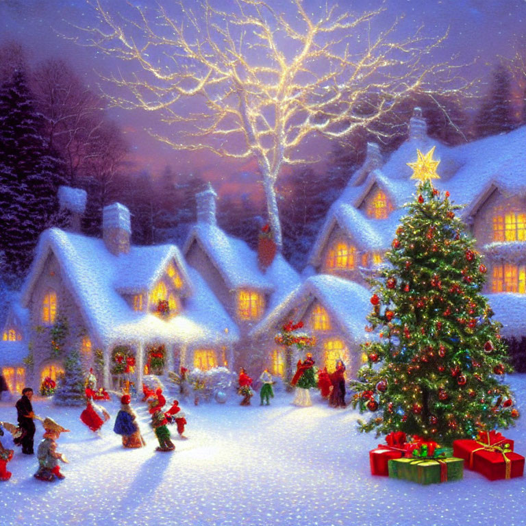 Snowy Christmas village with decorated tree and carolers