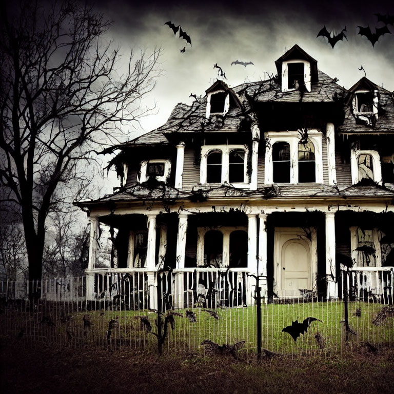 Eerie Victorian house with decrepit fence, barren trees, and bats in gloomy sky