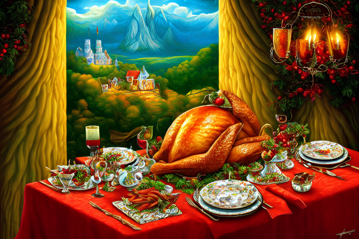 Festive table with roast turkey, dishes, and wine against fantastical landscape