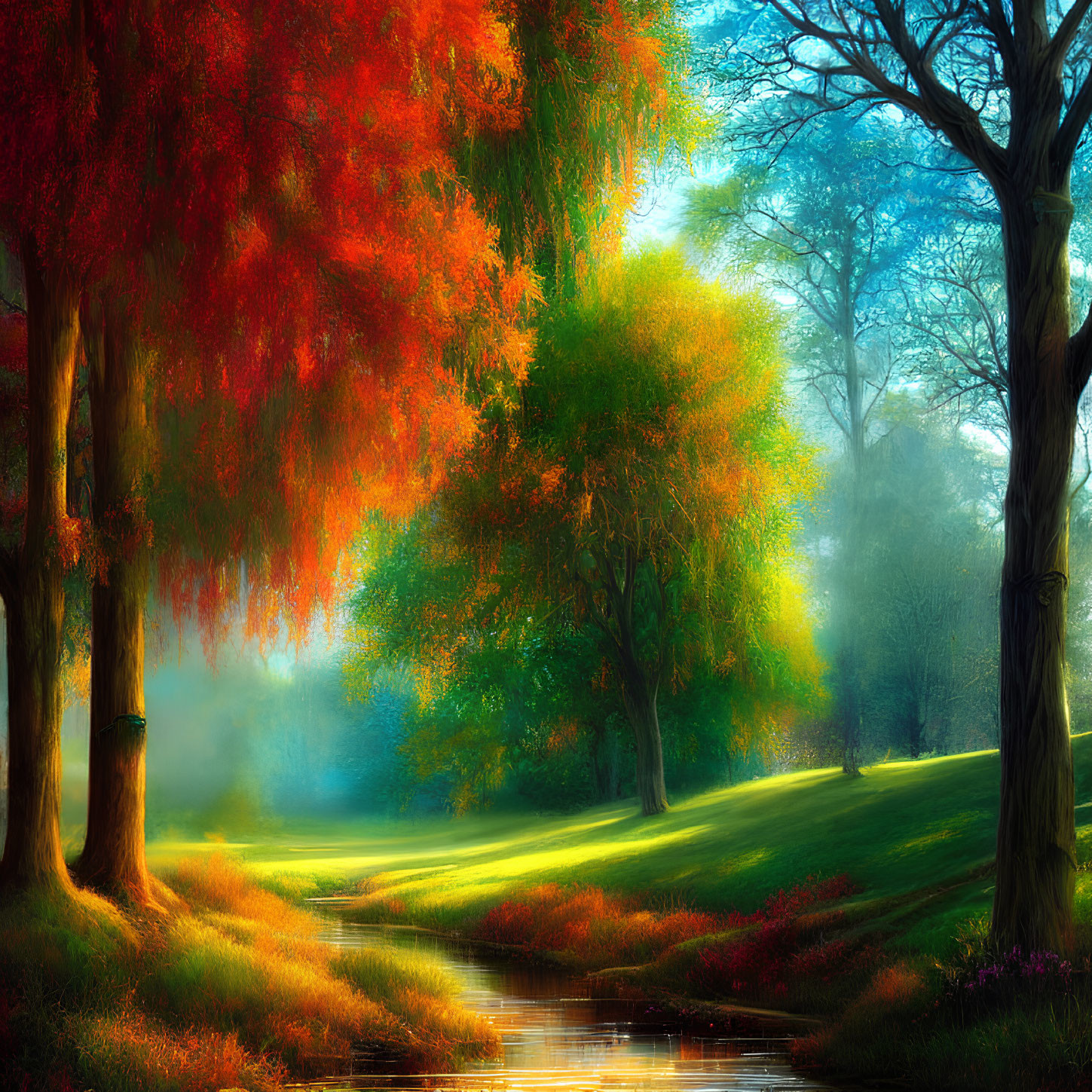 Colorful Autumn Forest with Sunlight and Stream