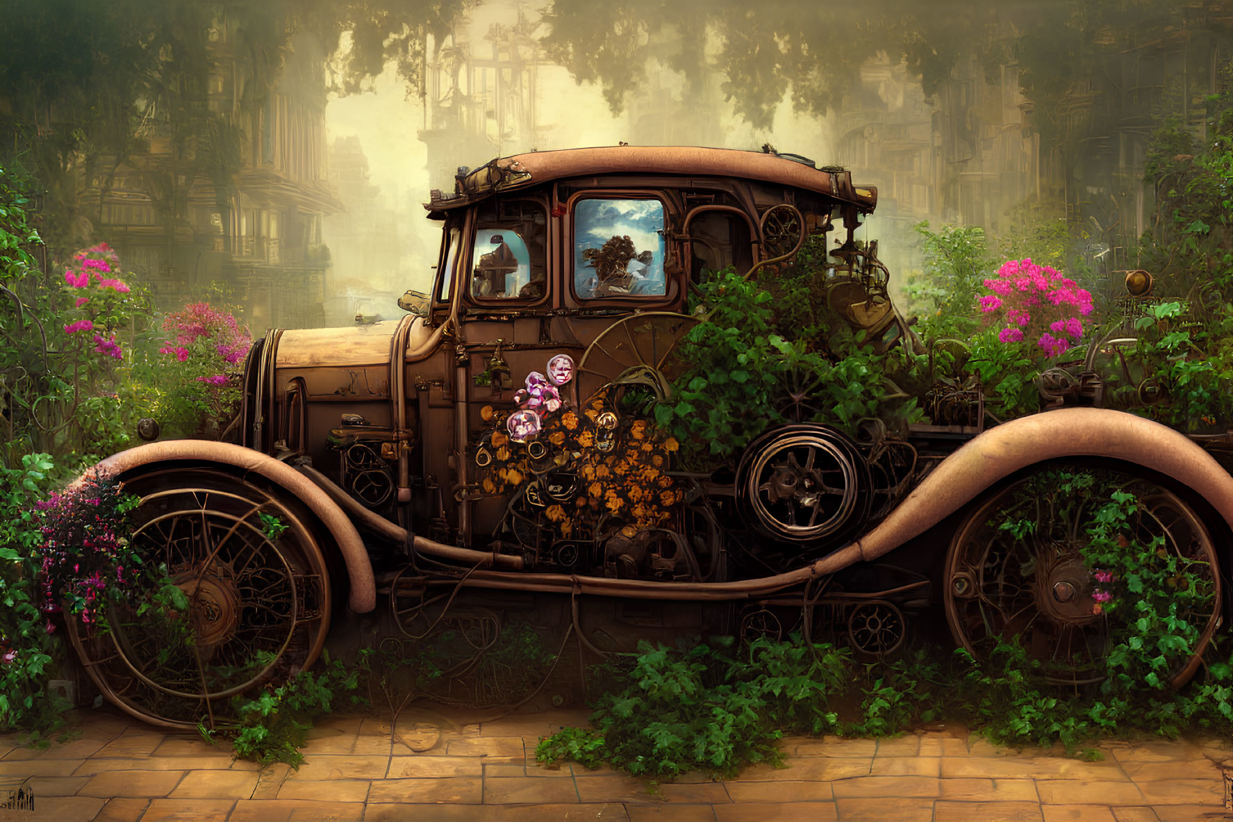 Vintage car in lush forest setting with dreamlike ambiance