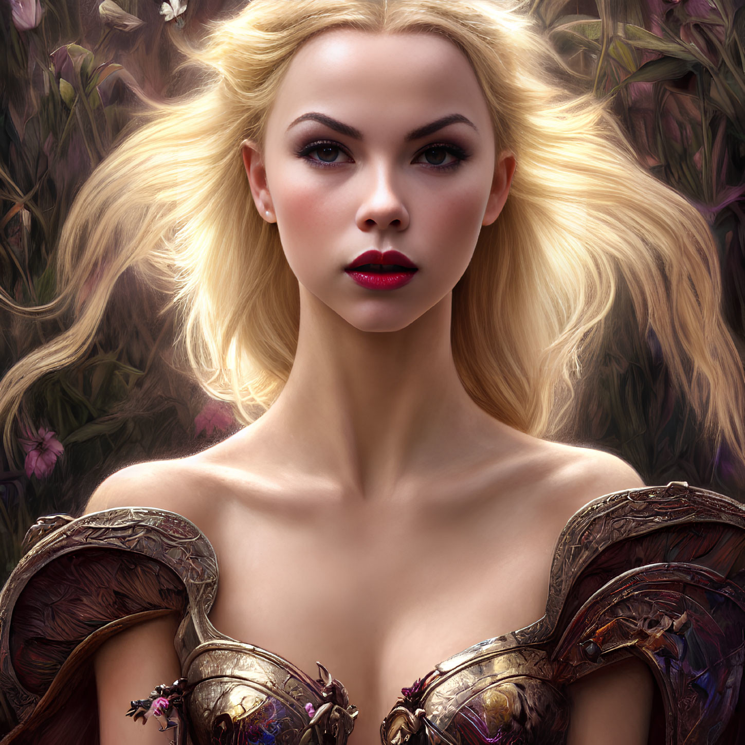 Blonde-haired woman in ornate armor among mystical flowers