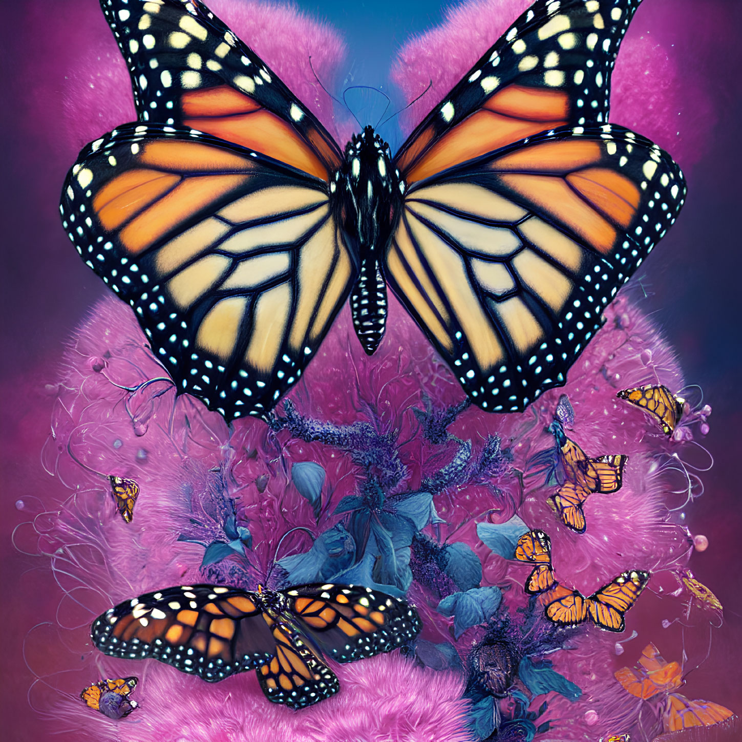 Colorful monarch butterfly with smaller butterflies and flowers on pink and blue background