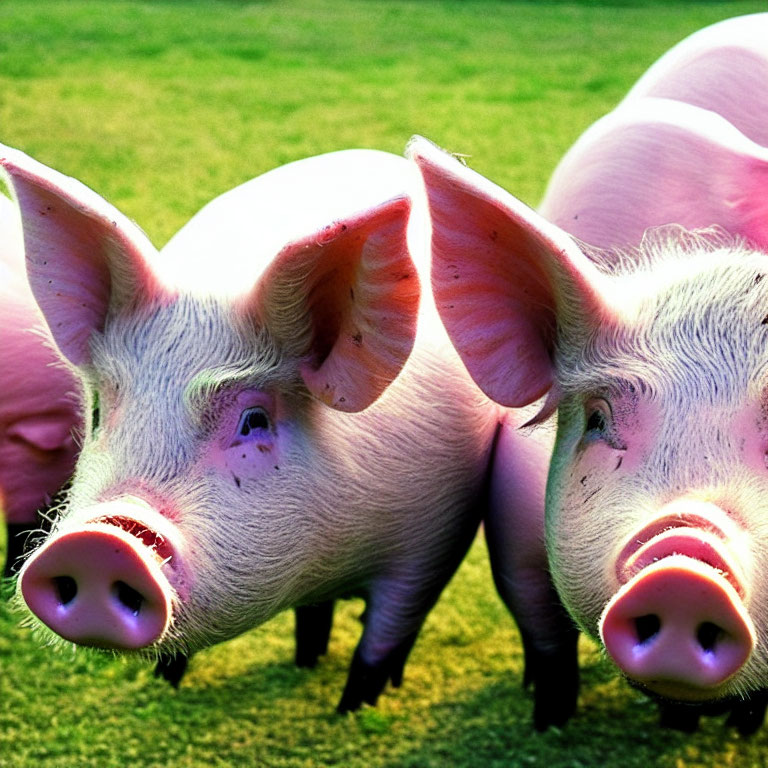 Two Pink Pigs with Prominent Snouts on Grass