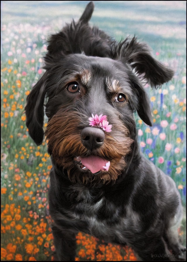 Black Dog with Pink Flower Sitting in Colorful Wildflower Field