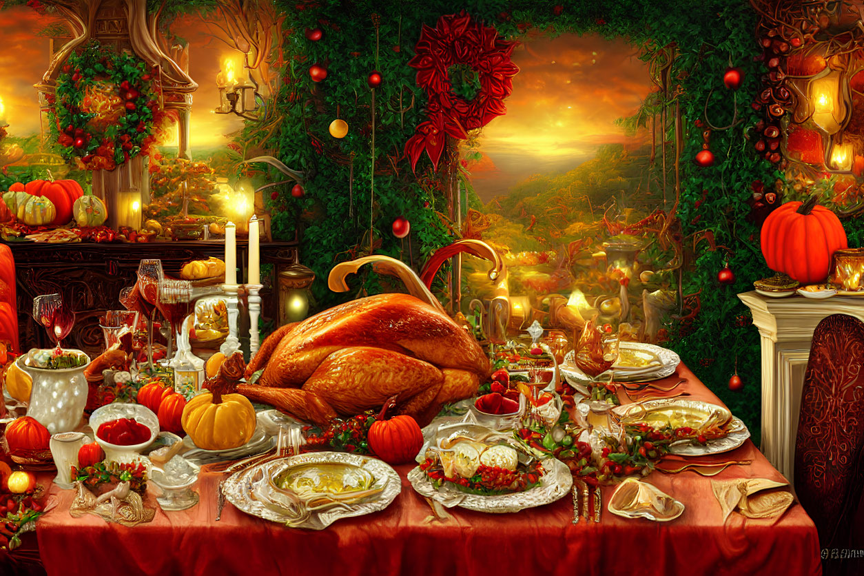 Thanksgiving table with roasted turkey, pumpkins, candles, and autumn decor