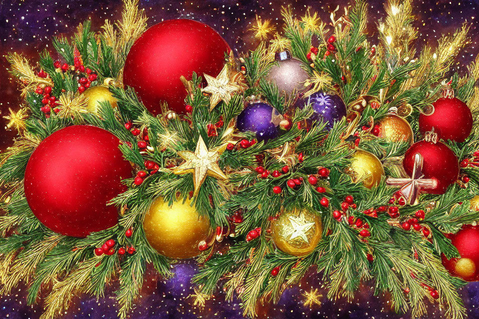 Intricate Christmas wreath with red, gold, and purple ornaments on golden background