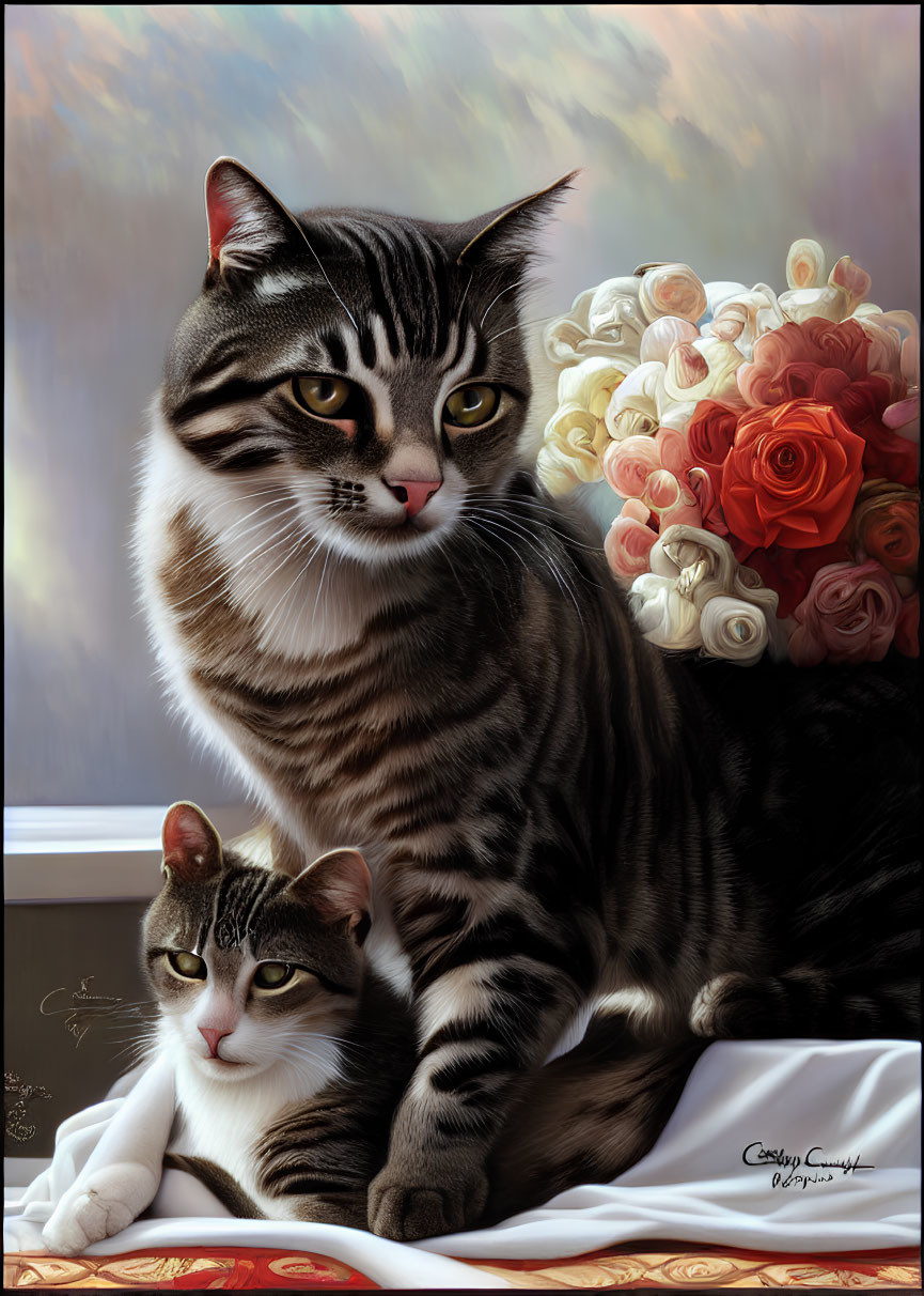 Realistic digital painting of two tabby cats with roses on windowsill