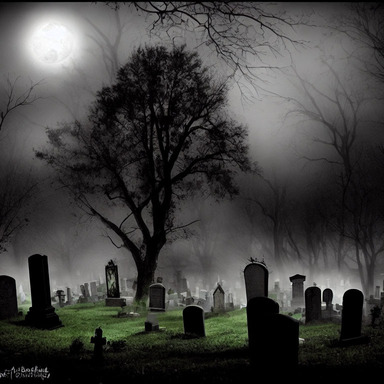 Foggy Moonlit Graveyard with Tombstones and Barren Tree