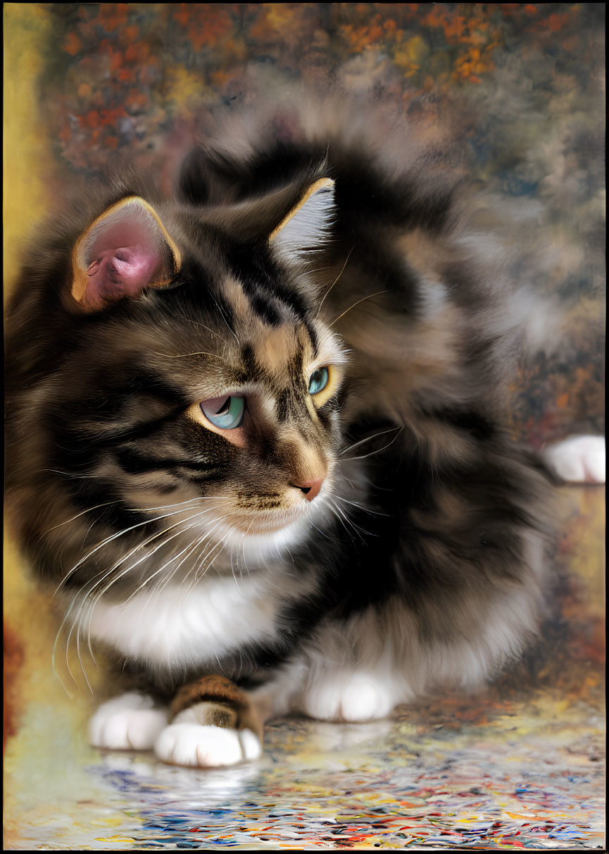 Long-haired cat with green eyes against abstract background