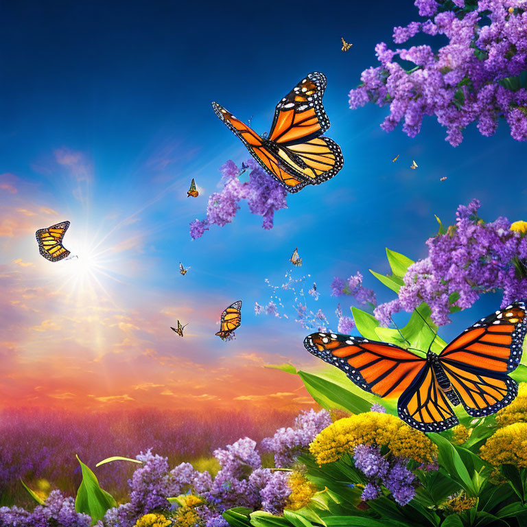 Colorful butterflies and flowers under a sunny sky with partial sun.