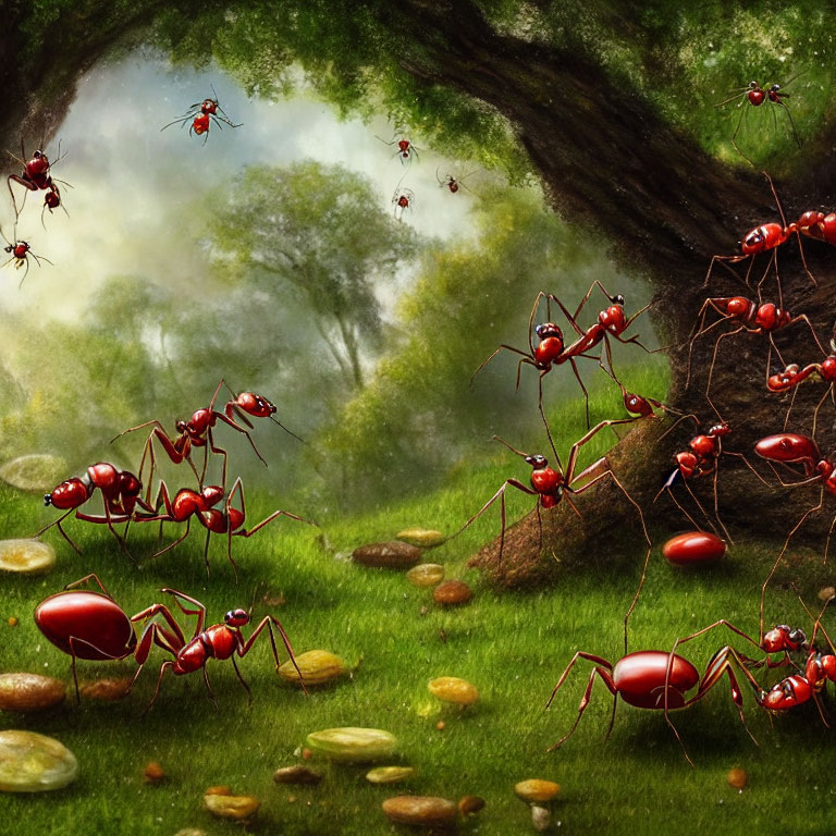 Vibrant green forest with oversized red ants and scattered coins