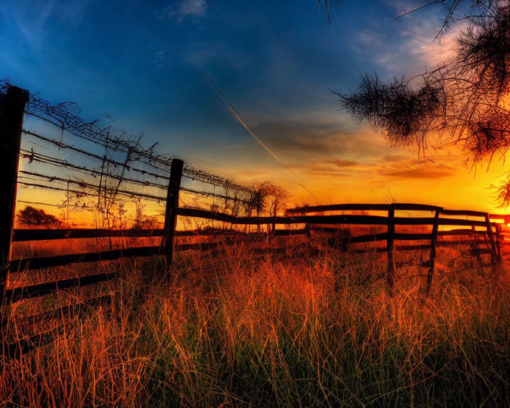 Colorful sunset sky behind rustic barbed wire fence and gate in tall grass