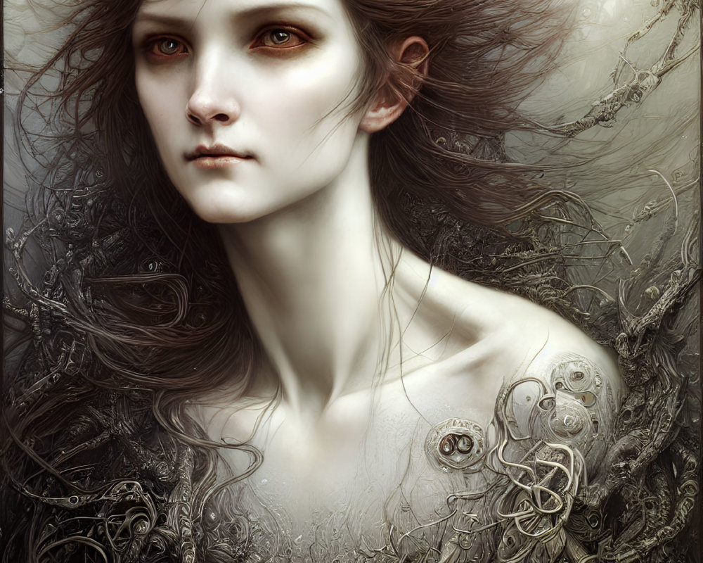 Intricate digital artwork of pale-skinned person with dark hair