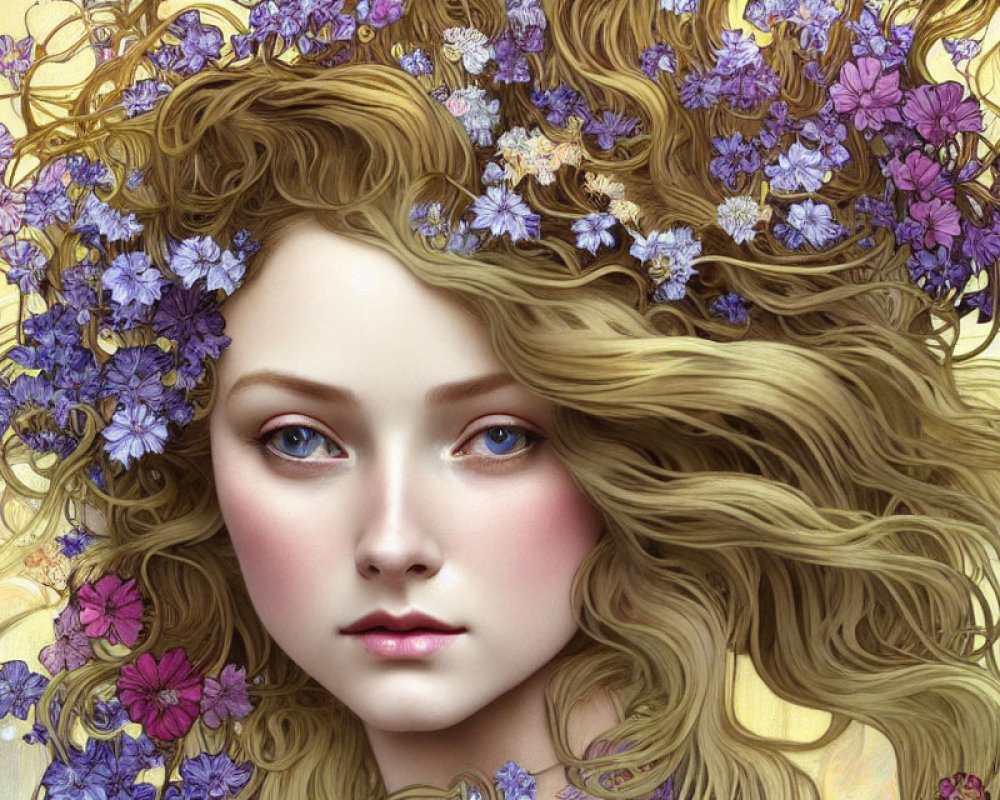 Blond-haired woman with purple flower adornments in ethereal digital portrait