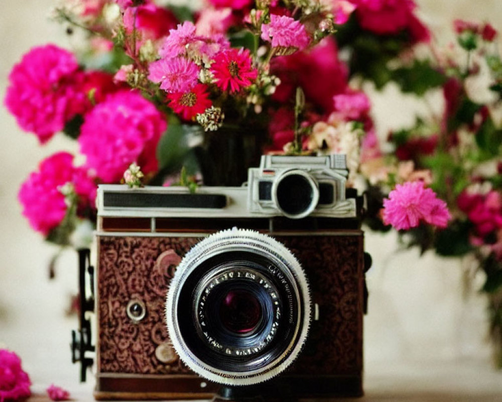 Vintage Camera with Floral Pattern Surrounded by Pink Flowers