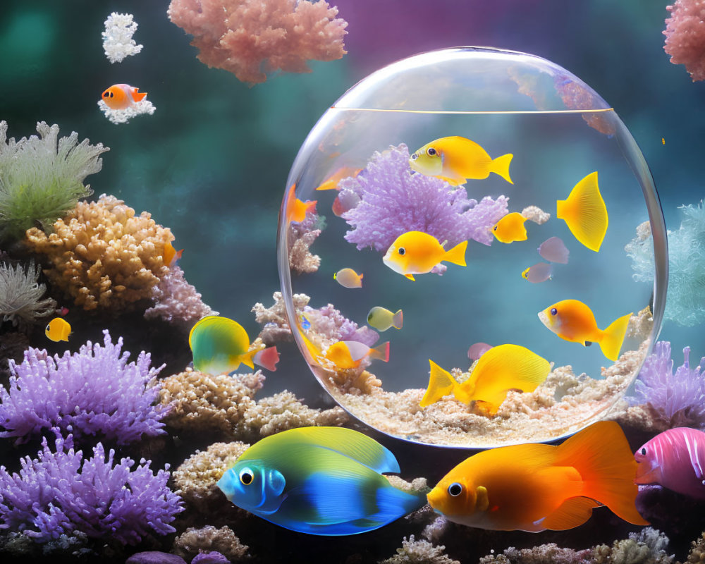 Colorful Tropical Fish in Transparent Bubble Amidst Coral Reefs