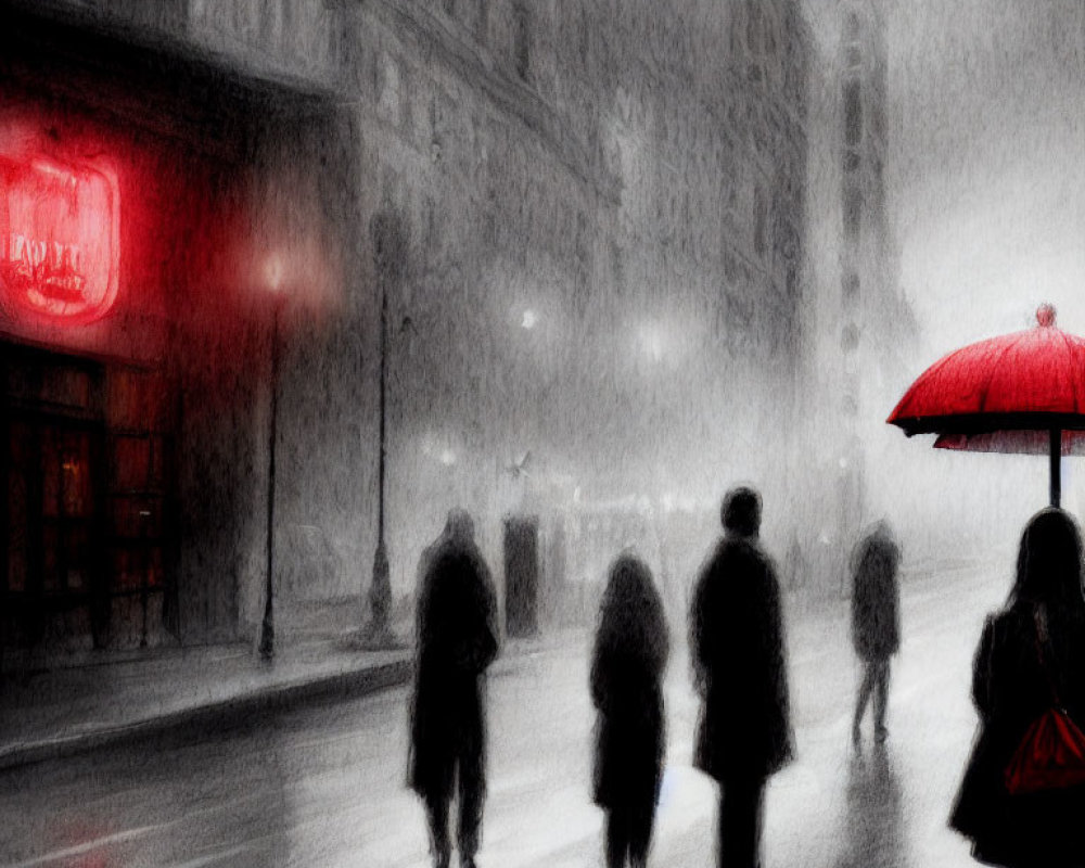 Group of People Walking in Snowy City with Red Umbrella