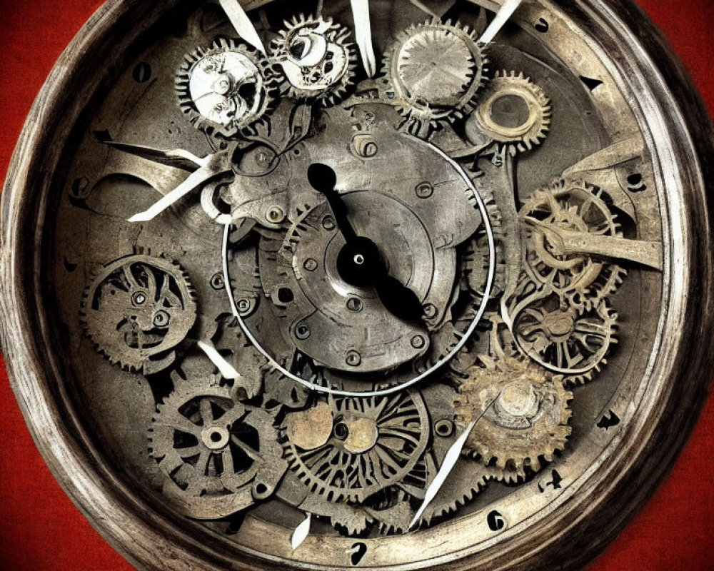 Intricate Vintage Clock with Exposed Gears on Red Background